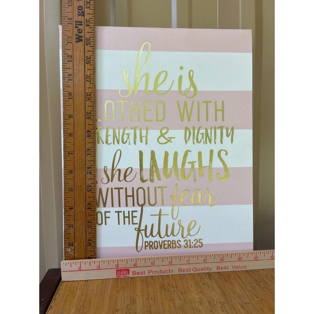 Pink Gold Inspirational Wall Art Set Crown Proverbs 31:25 Canvas Framed Decor